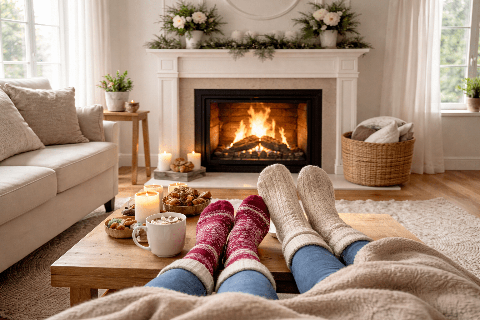 Cozy living room scene with two pairs of feet in warm socks, hot cocoa, snacks, and a crackling fireplace, evoking a relaxed winter atmosphere.