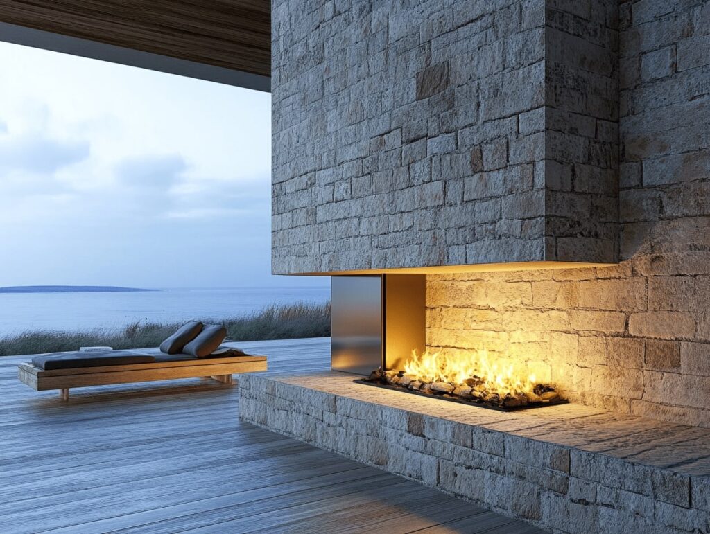 Modern stone fireplace with fire glowing warmly, adjacent to a wooden deck and lounge chair, overlooking a tranquil coastal view.