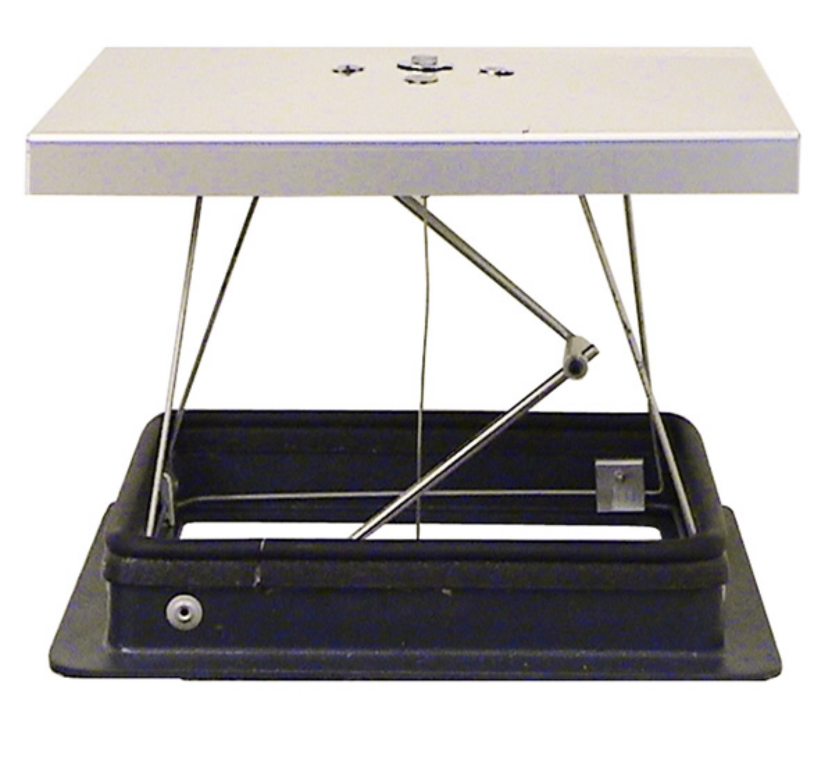 Adjustable hydraulic scissor lift with a rectangular metal platform, designed for easy elevation in various maintenance applications.