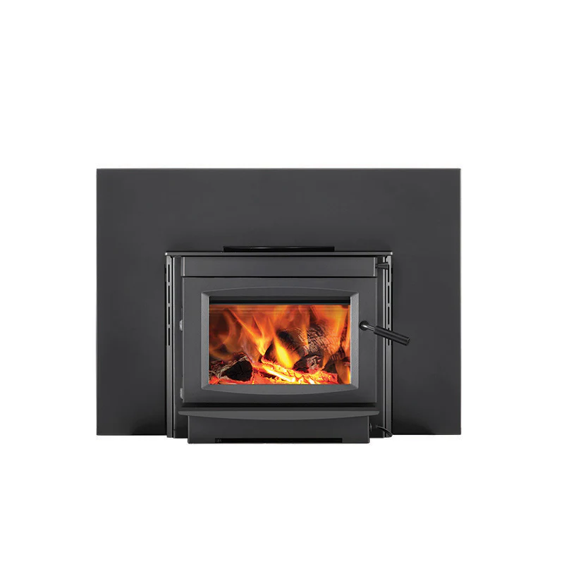 Modern black wood-burning stove with glass door, displaying vibrant, glowing flames and logs. It conveys warmth and a cozy atmosphere.