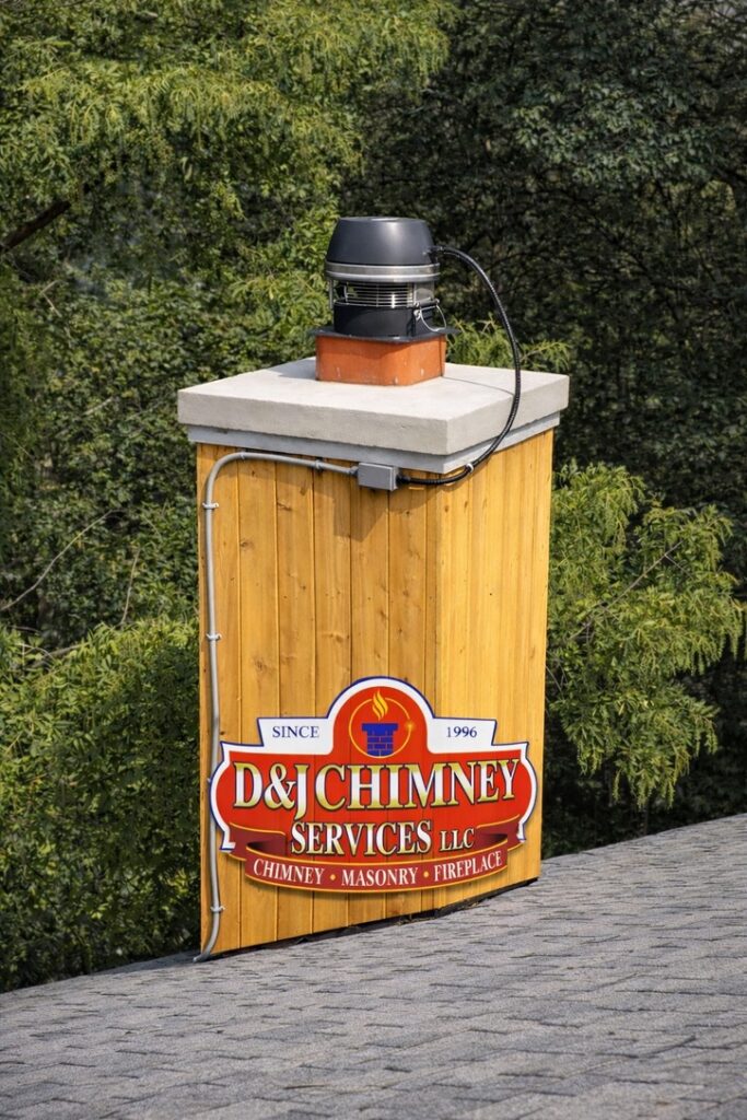 Chimney Services sign mounted on a wooden structure, featuring a chimney cap on top. Highlights D&J Chimney Services, established in 1996.