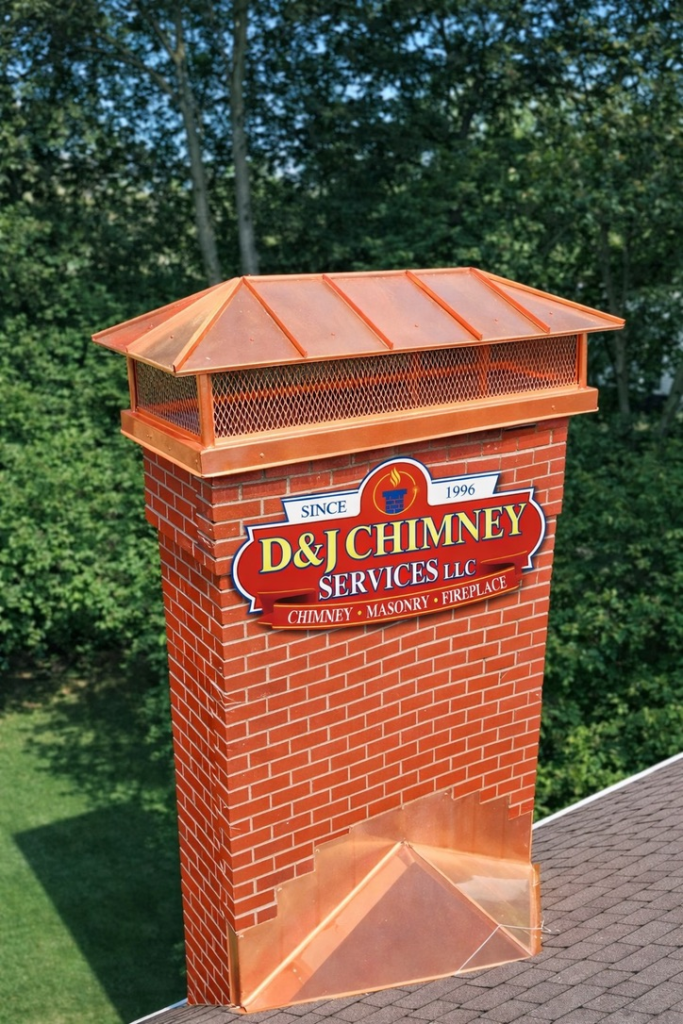 D&J Chimney Services LLC chimney features a red brick design with a copper roof and logo, emphasizing their expertise in chimney and masonry services since 1996.