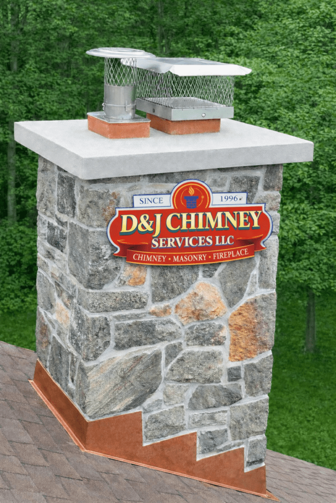 Stone chimney with a silver cap, set against green trees. A colorful sign reads "D&J Chimney Services LLC, Chimney, Masonry, Fireplace."