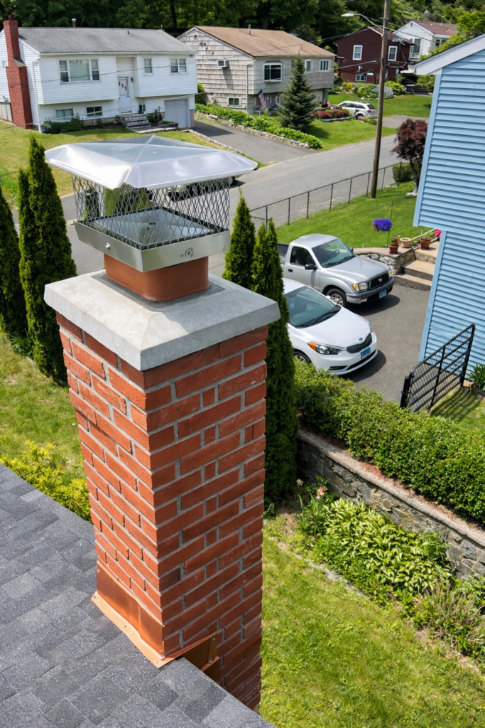 A red brick chimney with a metal cap rises above a gray shingled roof. Suburban houses and green lawns are visible in the background.