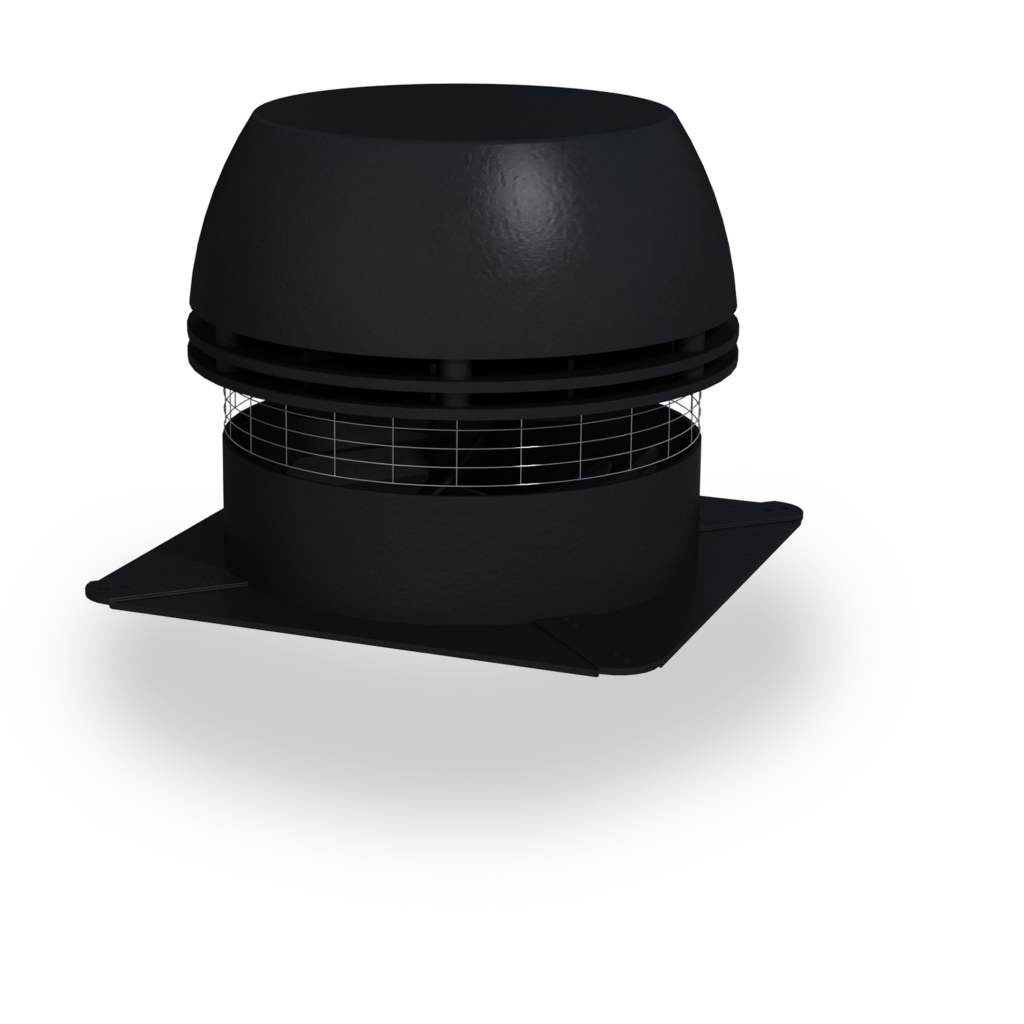 Black ventilation fan with a rounded top and wire mesh details, designed for efficient air circulation in building applications.